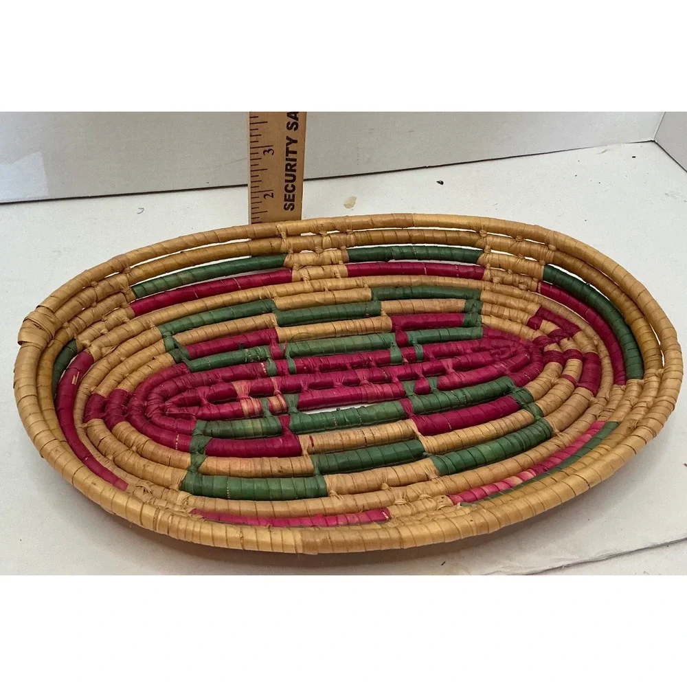 Vintage Woven Coil Basket Oval Pink‎ Green Geometric Boho Decor 10.5in